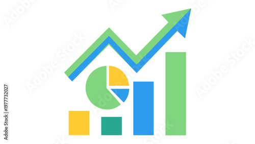 Scalable vector icon illustration of business growth and data analytics featuring an upward arrow line graph, colorful bar chart, and pie chart in a minimalist flat design for financial reports.