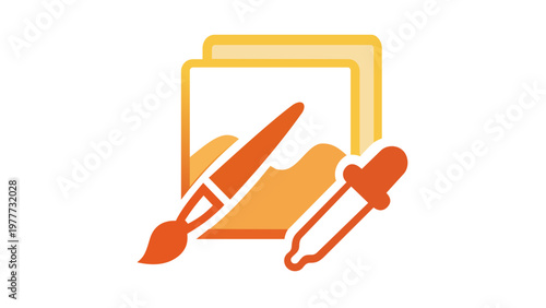Vibrant Orange Gradient Vector Icon Illustration of Graphic Design Tools Featuring a Canvas, Paintbrush, and Eyedropper for Digital Art, Creative Editing, and Software Interface Design.