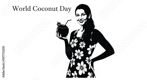 Woman in floral dress holding a tropical drink with a pineapple garnish with world coconut day text