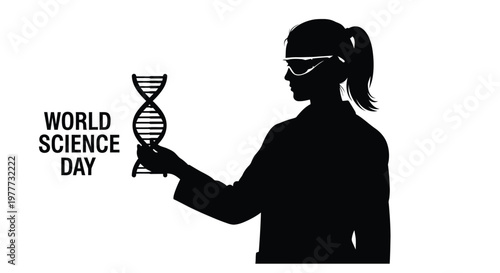 Silhouette of a scientist holding a dna model with world science day text