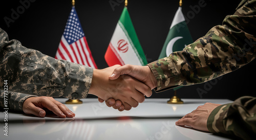 Solider shaking hands to formalize a ceasefire agreement. International diplomacy with flags of United States, Iran, and Pakistan. Conflict resolution and global security meeting concept.