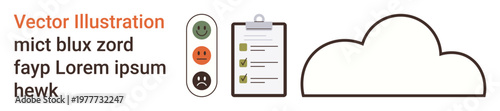 Data management, user ratings, organization, cloud storage, task tracking, feedback. Cloud outline, task checklist on clipboard rating scale icon. Data management and user ratings concept