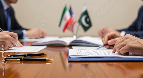 Diplomats sitting at table with USA, Iran and Pakistan flags during international peace negotiation. Officials signing ceasefire agreement document to resolve geopolitical conflict.