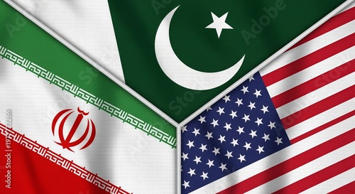 Flags of United States, Iran and Pakistan combined as a concept of international relations and diplomatic negotiations. Geopolitical peace talk, alliance and cooperation resolution.