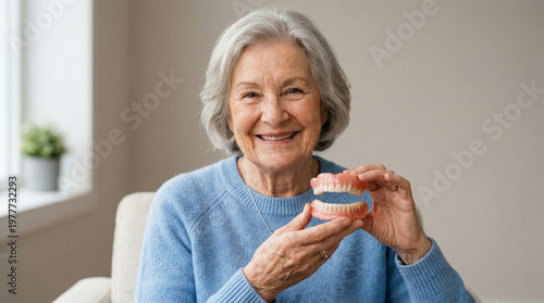 A smiling elderly woman with gray hair holds a set of dentures while sitting comfortably in a chair, representing dental health and aging well.