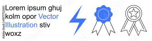Achievement, motivation, energy, recognition, success, award. Blue ribbon icon, star badge and lightning bolt illustration. Achievement and motivation for rewards and recognition