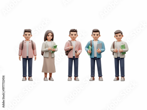 Group of five friendly college students standing together holding books and backpacks in this smooth 3d animation video