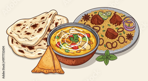 Traditional indian cuisine platter with naan bread, curry, samosa, and biryani