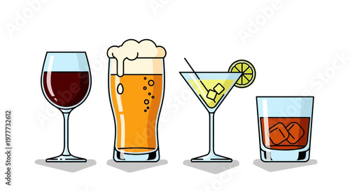 Set of various alcoholic drinks in different glasses