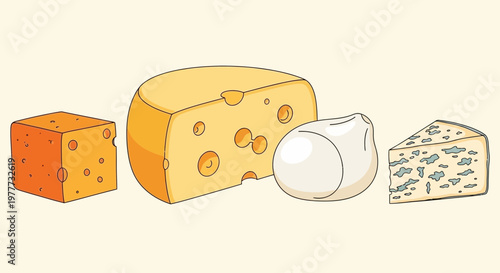 Set of different types of cheese, including cheddar, swiss, mozzarella and blue