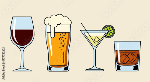 Set of alcoholic drinks, wine, beer, cocktail and whiskey with ice cubes