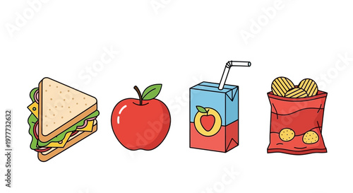 Lunch items including a sandwich, an apple, a juice box, and a bag of chips