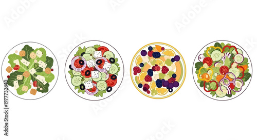 Set of four different fresh salads in bowls