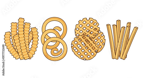 Set of various types of fried potatoes crinkle cut, curly, waffle and french fries