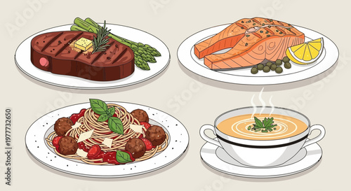 Set of various delicious dishes including steak, salmon, pasta and soup