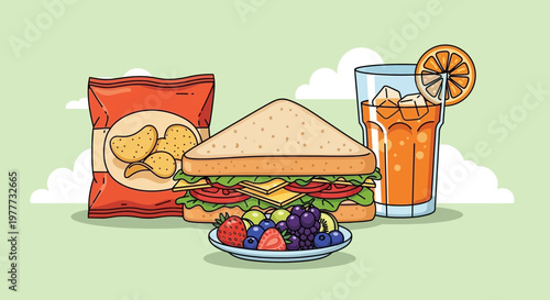 Lunch meal with sandwich, potato chips, fruit plate and orange juice drink