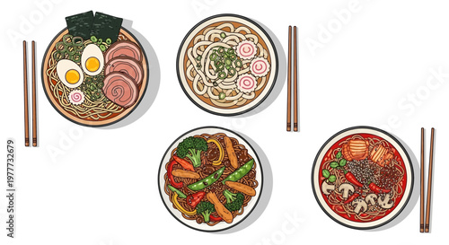Set of four different bowls of delicious asian noodles with various toppings