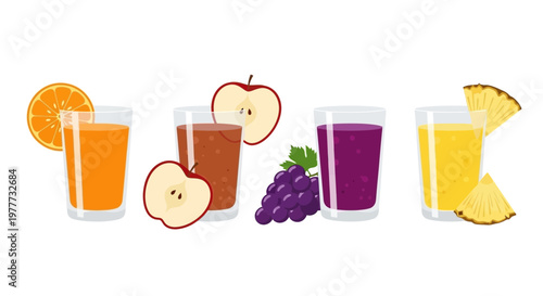 Set of fresh fruit juices in glasses with orange, apple, grape and pineapple