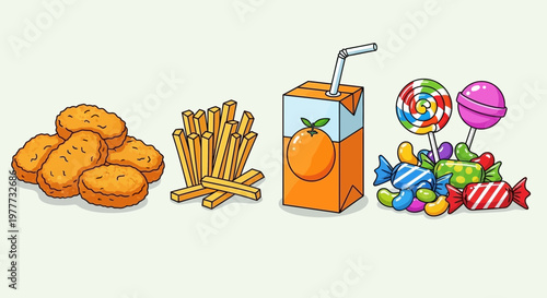 Fast food meal with chicken nuggets, french fries, orange juice and candies