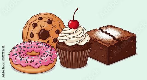 Set of delicious sweet desserts including a donut, chocolate chip cookie, cupcake