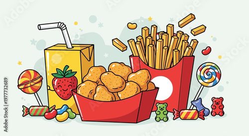 Cartoon fast food meal with chicken nuggets, french fries, juice and candy