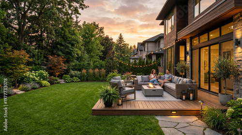 A charming aerial view of a luxury home backyard featuring a modern patio with a couple relaxing by a cozy fire pit at sunset.