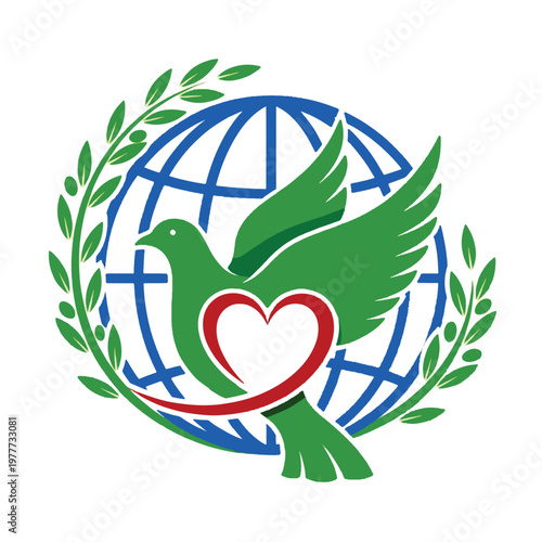 Global Peace and Love Vector Illustration featuring Green Dove, Red Heart, Globe and Olive Branch