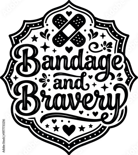 Black and white bandage and bravery calligraphic lettering with band aids and hearts vector art