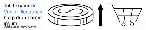 E-commerce, shopping, business transactions, monetary growth, payment methods, financial trends. A coin with a dollar sign, upward arrow and shopping cart. E-commerce and financial trends concept