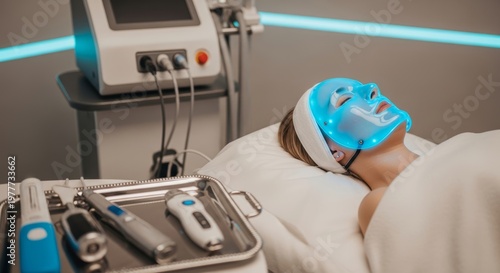 A young Caucasian woman lies on a treatment bed with a blue LED facial mask. Cosmetology equipment is visible nearby, including various skincare devices.