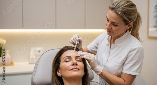 A young Caucasian woman receives a cosmetic treatment from a female cosmetologist in a modern clinic. The setting is bright and clean, emphasizing beauty and care.