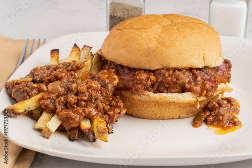Fotografie sloppy joe sandwiich served with fries