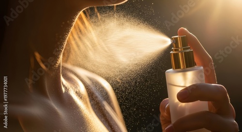 A close-up of a young woman applying a summer skin care spray. The sunlight creates a soft glow around her shoulder and the mist from the spray.