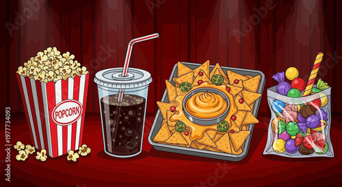 Cinema snacks set with popcorn, soda, nachos and candies in a bag