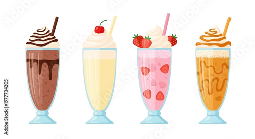 Set of four different milkshakes with whipped cream and toppings
