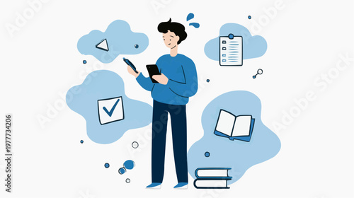 Flat vector illustration of a person multitasking with a phone and tablet, suitable for productivity apps, educational content, or business presentations.