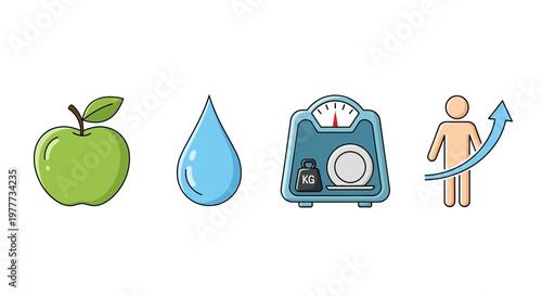 Healthy lifestyle icons representing diet, hydration, weight management, and growth
