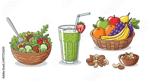 Healthy food set with salad, green smoothie, fresh fruits and nuts