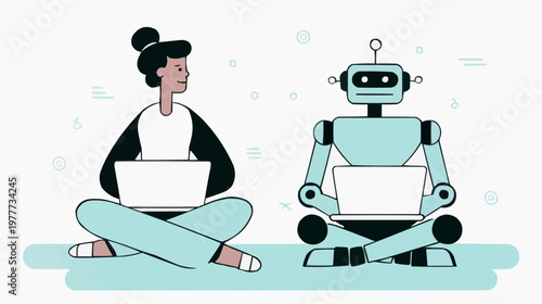 Flat vector illustration of a human and a robot working on laptops, suitable for technology blogs, AI presentations, or digital learning platforms.