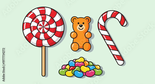 Set of colorful candies including a lollipop, gummy bear, candy cane and jelly beans