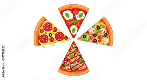 Set of four different pizza slices with various toppings