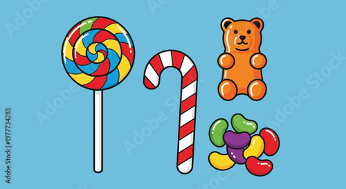 Set of colorful candies including a lollipop, candy cane, gummy bear, and beans