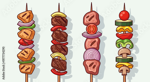 Set of four delicious grilled vegetable and meat skewers on wooden sticks