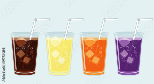 Set of four plastic cups with different colored drinks and straws