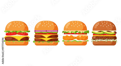 Set of four different delicious burgers with various ingredients