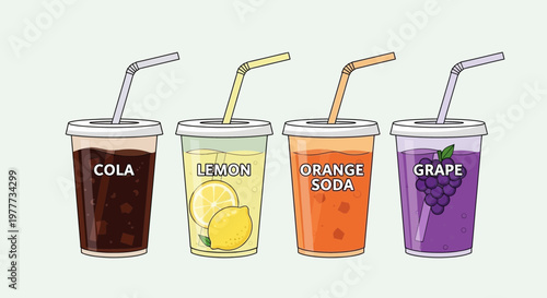 Set of four different flavored soda drinks in plastic cups with straws