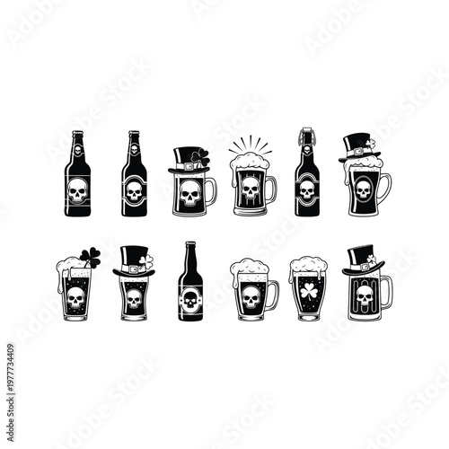 St Patricks Day themed skulls in beer glasses and bottles illustrations