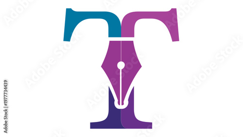 Stylized letter T vector icon integrated with a fountain pen nib illustration, featuring a vibrant blue and purple gradient. Minimalist graphic design for branding, writing, and creative art.