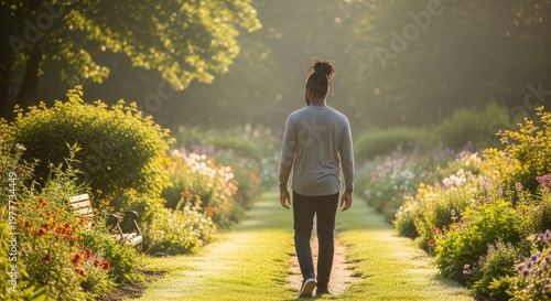 A young Black woman walks along a serene garden path surrounded by blooming flowers. The scene conveys tranquility and promotes mental health awareness.