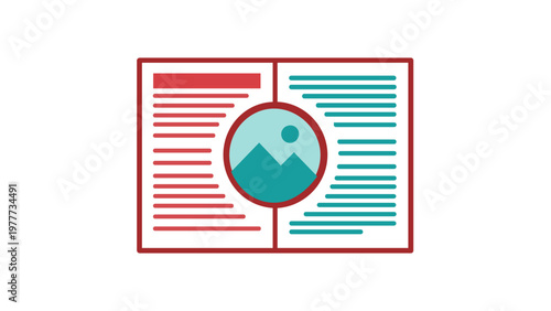 Minimalist vector illustration of an open book or magazine layout icon featuring type pairing, text columns, and a circular image placeholder, ideal for editorial design and typography art.